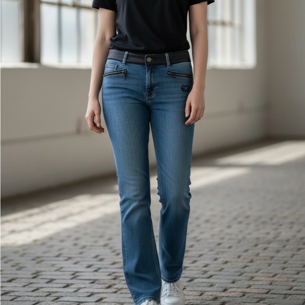 Escada Mid Blue Flared Jeans with Zip Trim